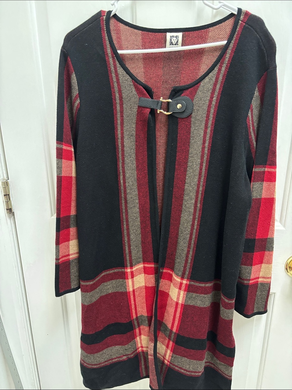 Anne Klein Red and Black Plaid Open-Front Cardigan with Buckle